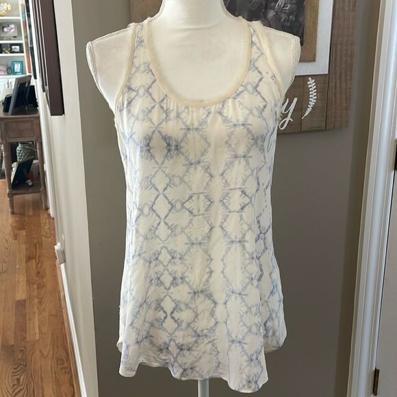 Rebecca Taylor Cream and Blue Print Silk and Linen Sleeveless Top - Picture 1 of 8
